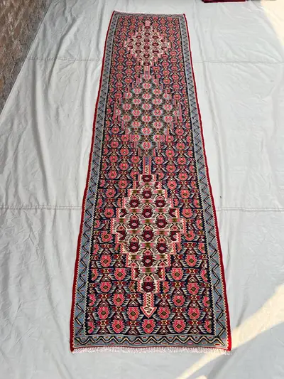 2'6x9'8 Vintage Afghan Senneh Kilim Runner Flatweave | Navy Pink Floral Medallion | Handwoven Wool Rug for Hal