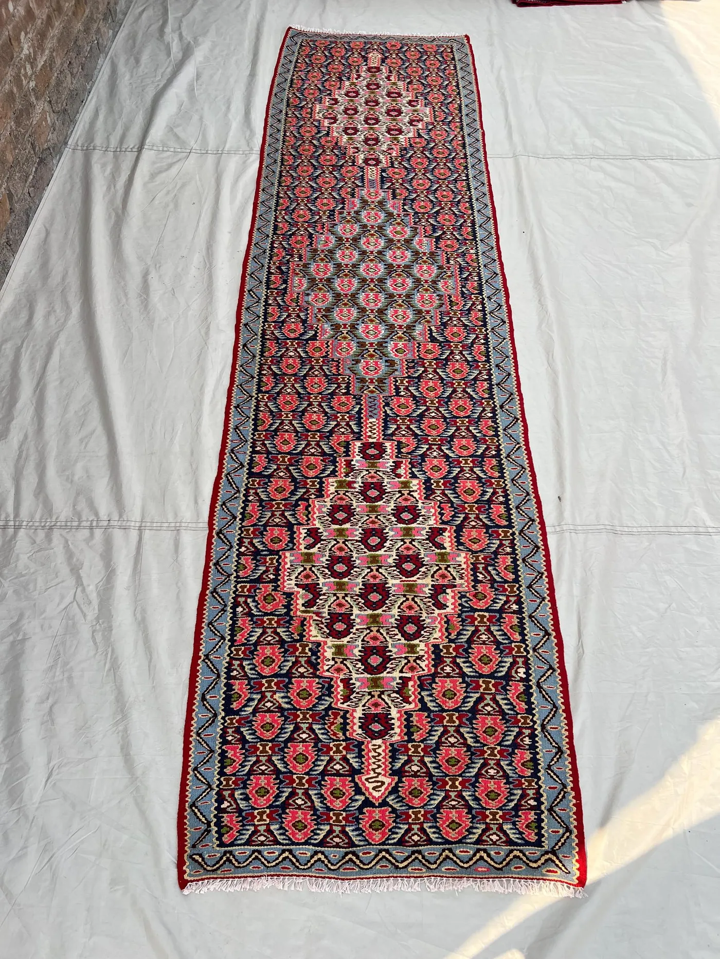 2'6x9'8 Vintage Afghan Senneh Kilim Runner Flatweave | Navy Pink Floral Medallion | Handwoven Wool Rug for Hallway Kitchen Staircase