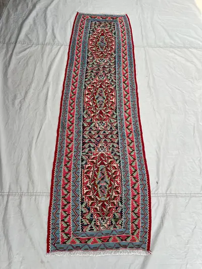 2'2x7'8 Ft Vintage Afghan Senneh Kilim Runner Flatweave | Red Pink Sky Blue Floral | Handwoven Wool Rug for Ha