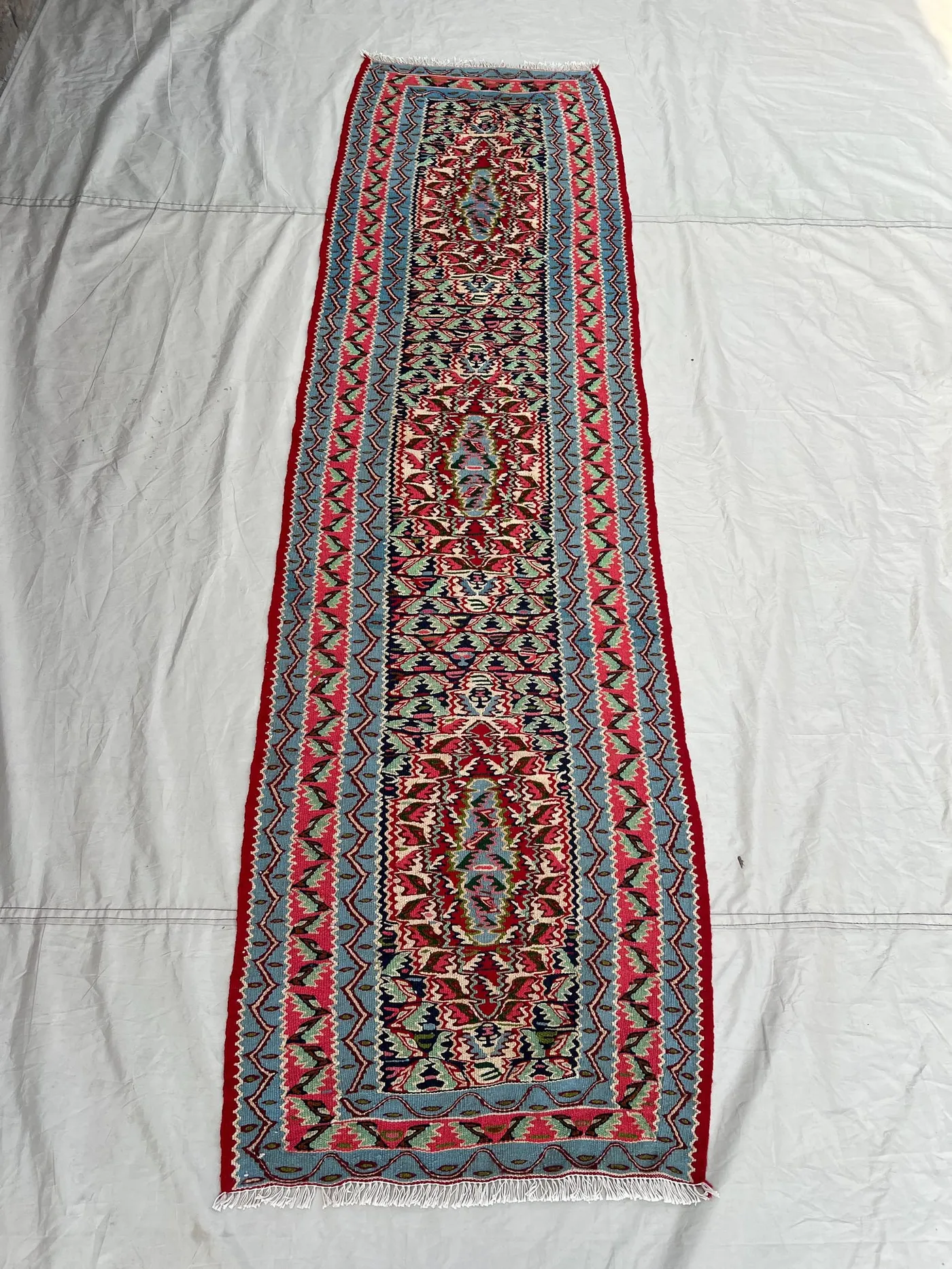 2'2x7'8 Ft Vintage Afghan Senneh Kilim Runner Flatweave | Red Pink Sky Blue Floral | Handwoven Wool Rug for Hallway Kitchen Entryway