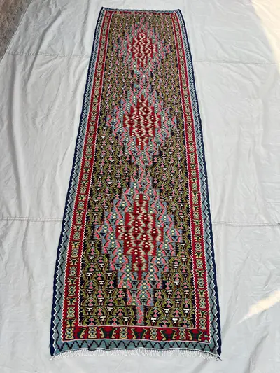 2'9x9'4 Ft Vintage Afghan Senneh Kilim Runner Flatweave | Olive Green Red All-Over Boteh | Handwoven Wool Rug 