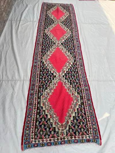 2'9x10'2 Vintage Afghan Senneh Kilim Runner Flatweave | Pink Navy Medallion Chain | Handwoven Wool Rug for Hal