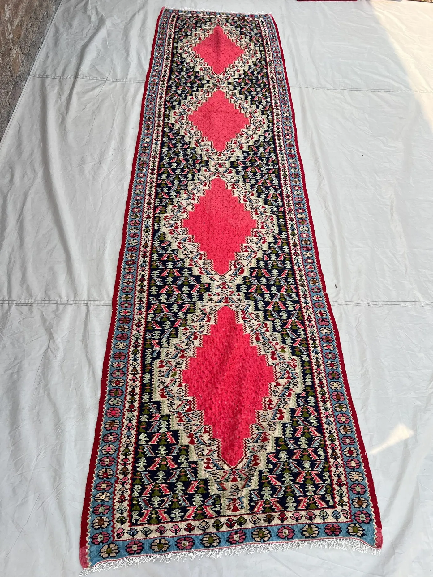 2'9x10'2 Vintage Afghan Senneh Kilim Runner Flatweave | Pink Navy Medallion Chain | Handwoven Wool Rug for Hallway Kitchen Staircase