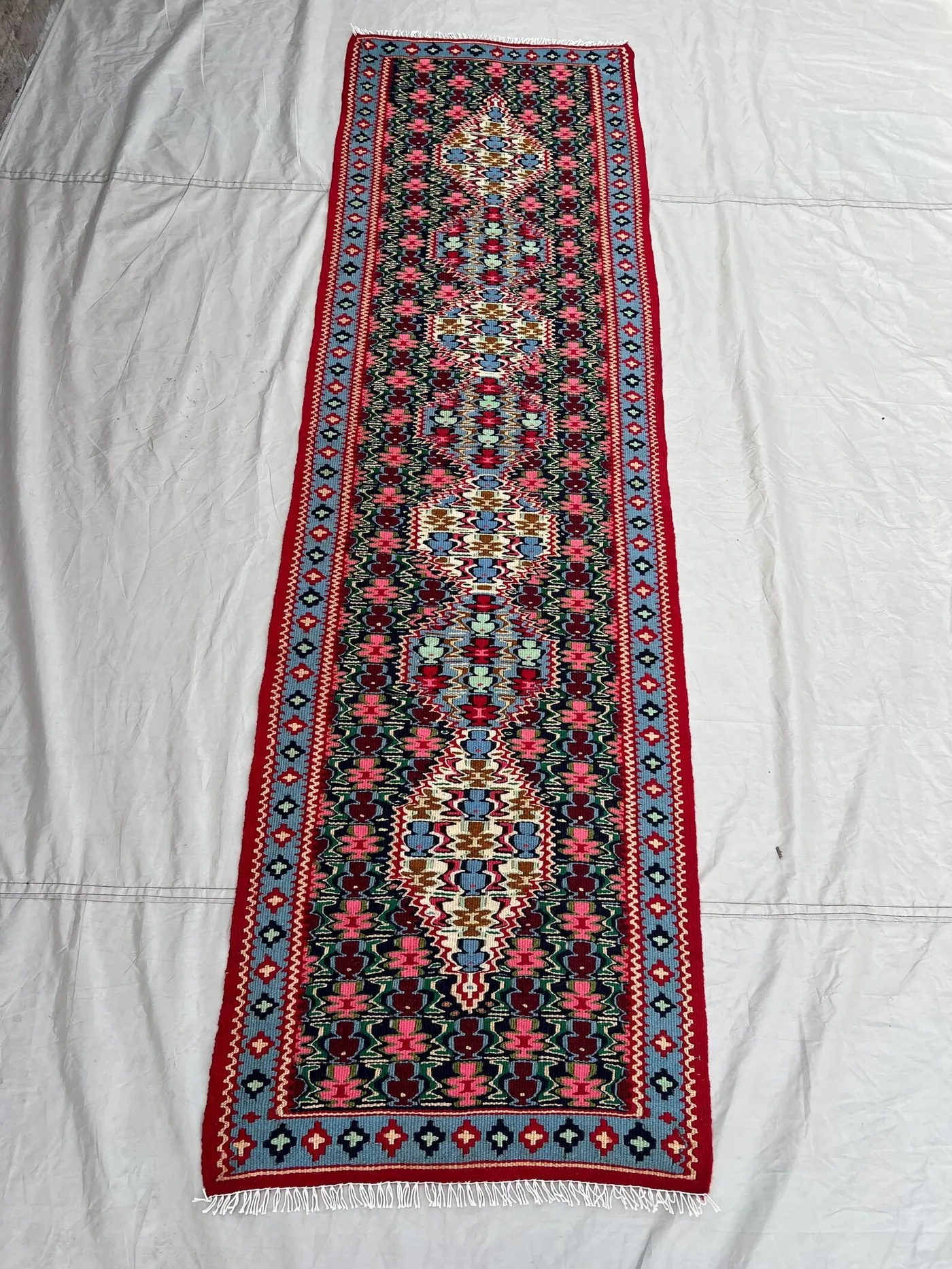 2'3x7'8 Ft Vintage Afghan Senneh Kilim Runner Flatweave | Red Pink Floral Medallion Chain | Handwoven Wool Rug for Hallway Kitchen Staircase