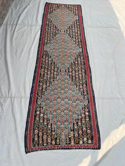2'7x9'5 Ft Vintage Afghan Senneh Kilim Runner Flatweave | Sky Blue All-Over Boteh | Handwoven Wool Rug for Hal