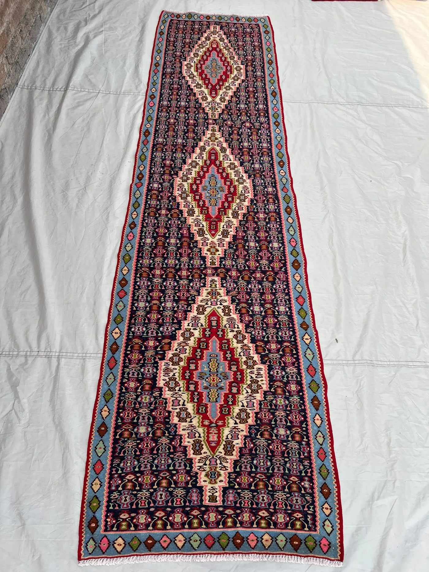 2'6x9'5Ft Vintage Afghan Senneh Kilim Runner Flatweave | Navy Blue Floral Medallion Chain | Handwoven Wool Rug for Hallway Kitchen Staircase