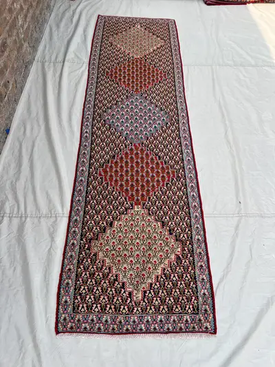 2'8x9'4 ft Vintage Afghan Handwoven Kilim Runner, Geometric Red Blue Brown, Flatweave, One of a Kind, Tribal D