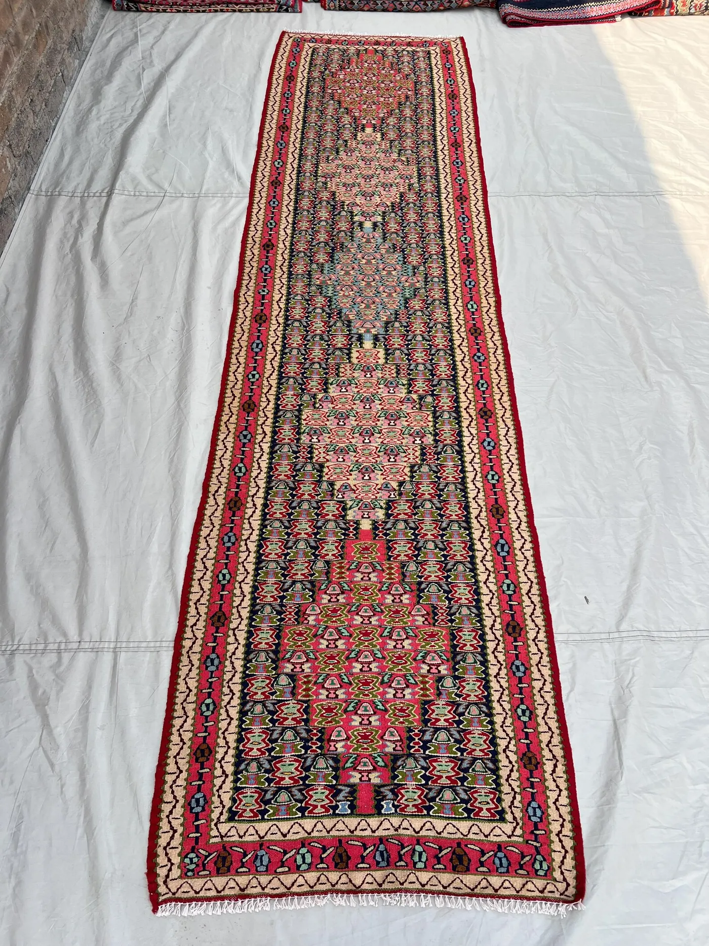 2'6x9'7 ft Vintage Afghan Handwoven Kilim Flatweave | Traditional Red & Multi-Colored Tribal Geomatric Design Hallway Entryway