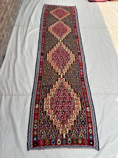 2'6"x9'7" Vintage Afghan Handwoven Kilim FlatweRunner – Red & Blue Geometric Design, Wool, Traditional Handwov