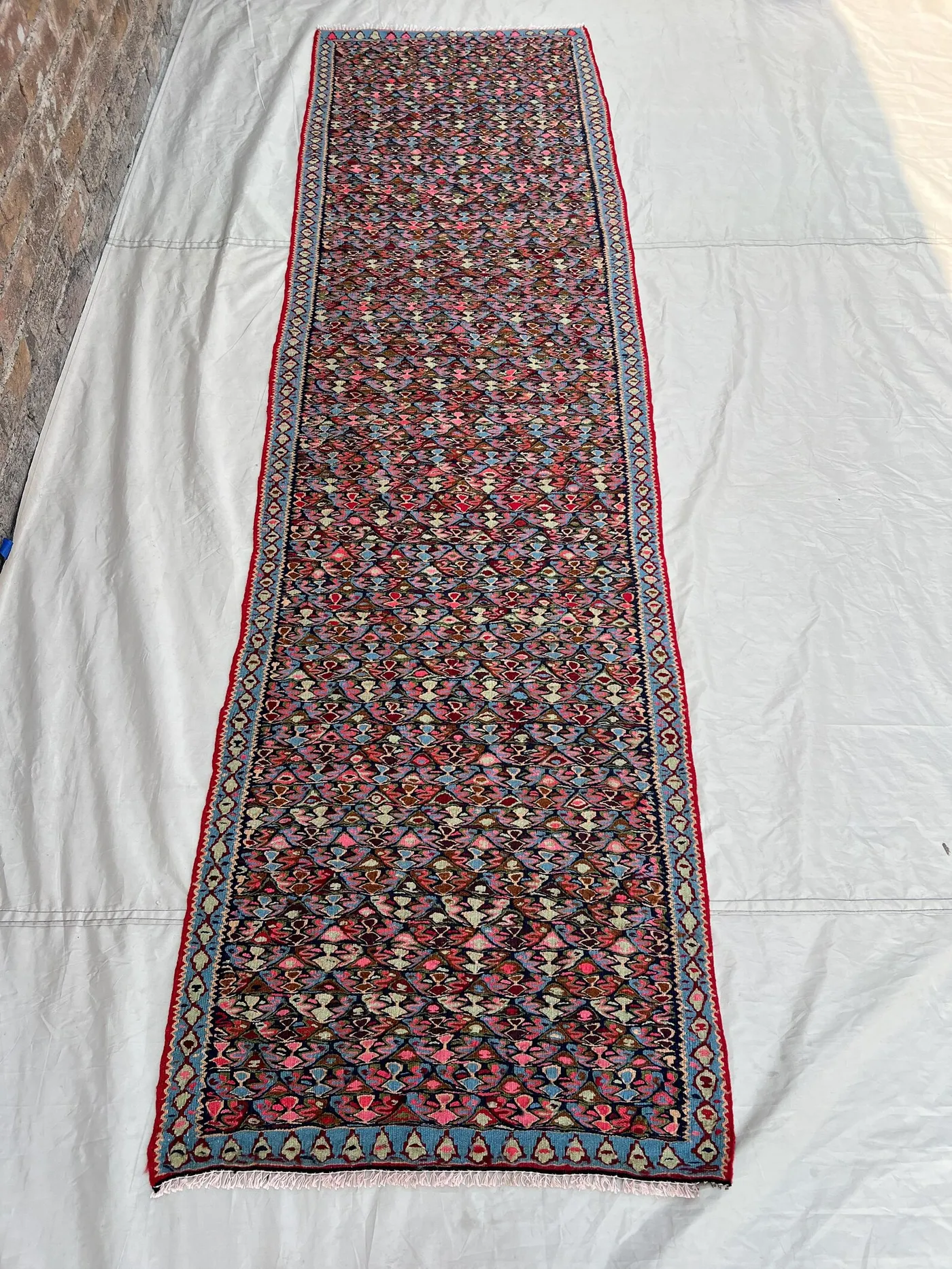 2'5"x8'10" Vintage Afghan Handwoven Kilim Flatweave Runner – Bold Red & Blue Geometric Design, Wool, Traditional Wool Hallway or Entryway