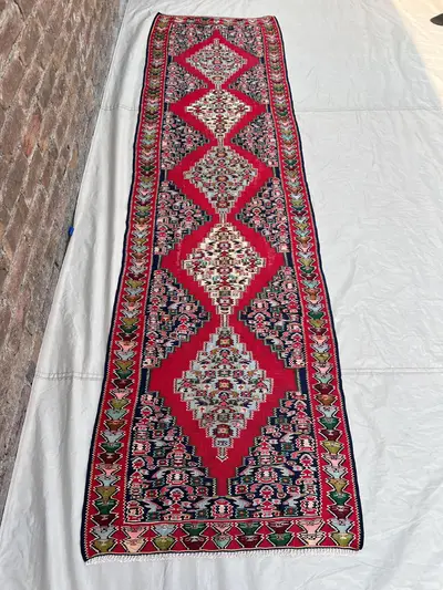 Vintage Afghan Kilim Flatweave Rug - 2'8" x 9'8" - Handwoven 100% Wool, Rich Red, Traditional Design Tribal Wo