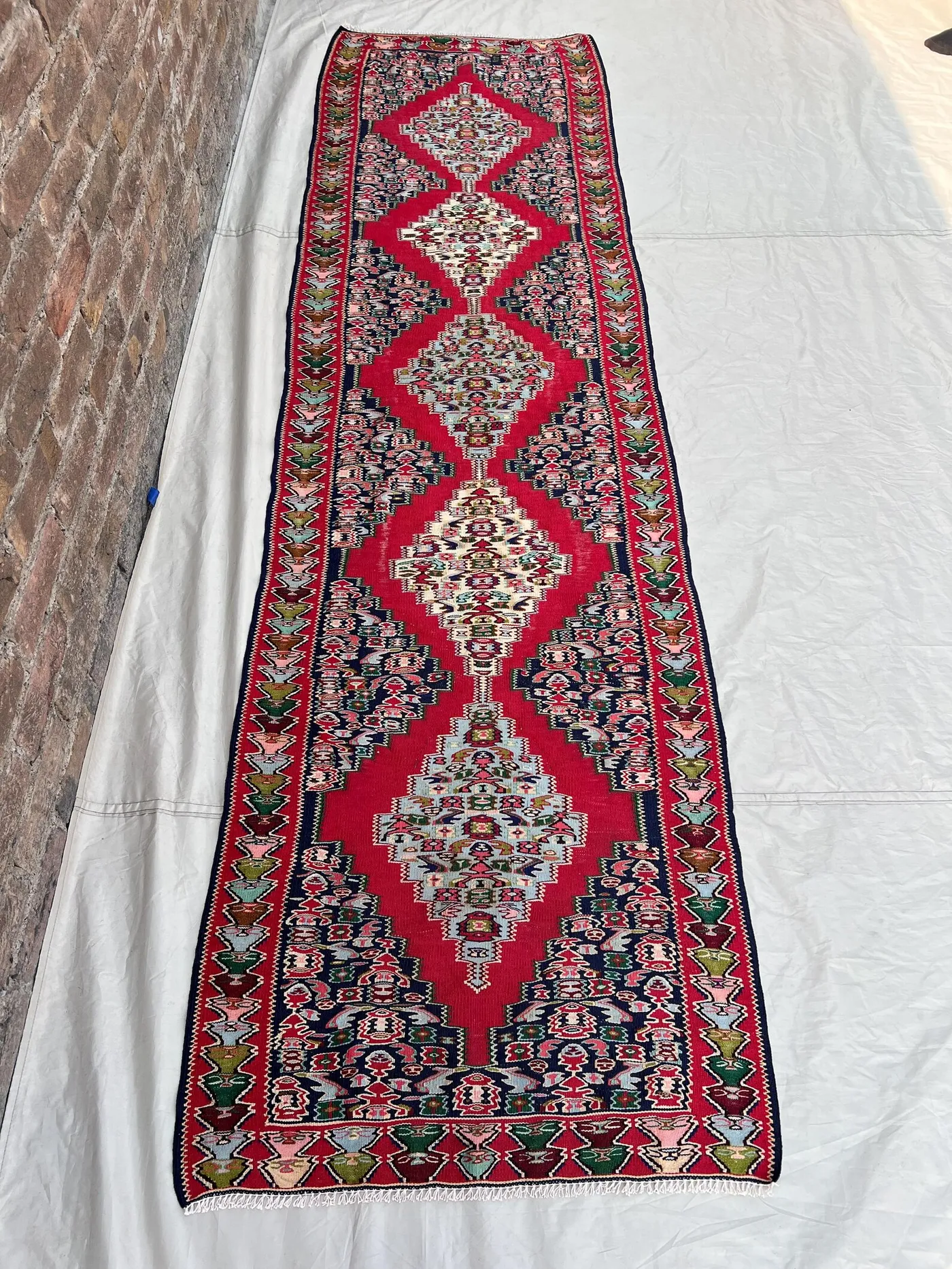 Vintage Afghan Kilim Flatweave Rug - 2'8" x 9'8" - Handwoven 100% Wool, Rich Red, Traditional Design Tribal Wool Hallway Entryway