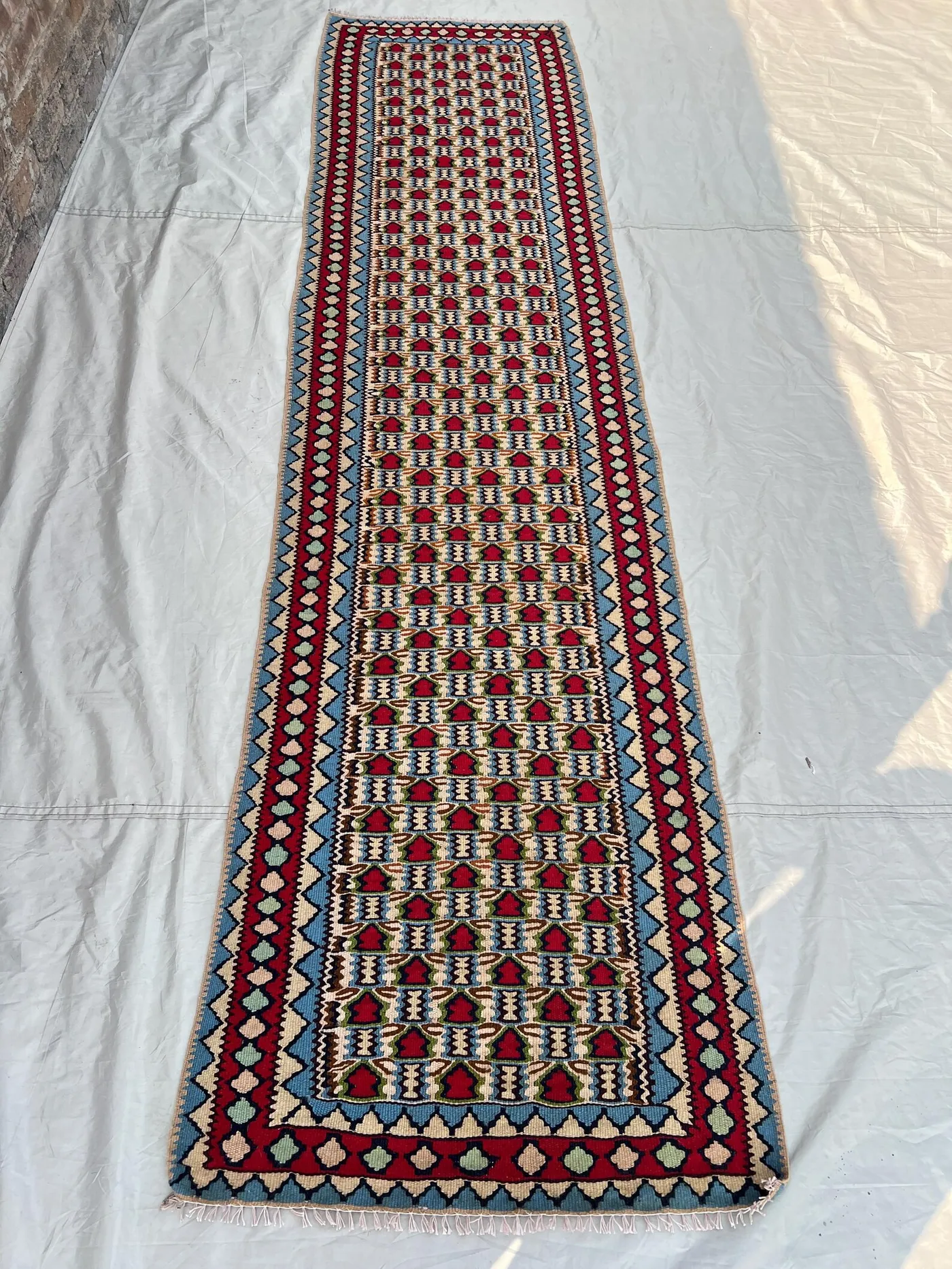 2'5"x9'7 ft Vintage Afghan Handwoven Kilim Rug | Traditional Tribal Design | Multicolor Geometric Pattern Tribal Wool Living Room