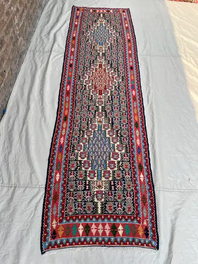 Vintage Afghan Baluchi Kilim, 2'7x9'1 ft, Handwoven Flatweave, Tribal Wool Design, Colorful Geometric Patterns