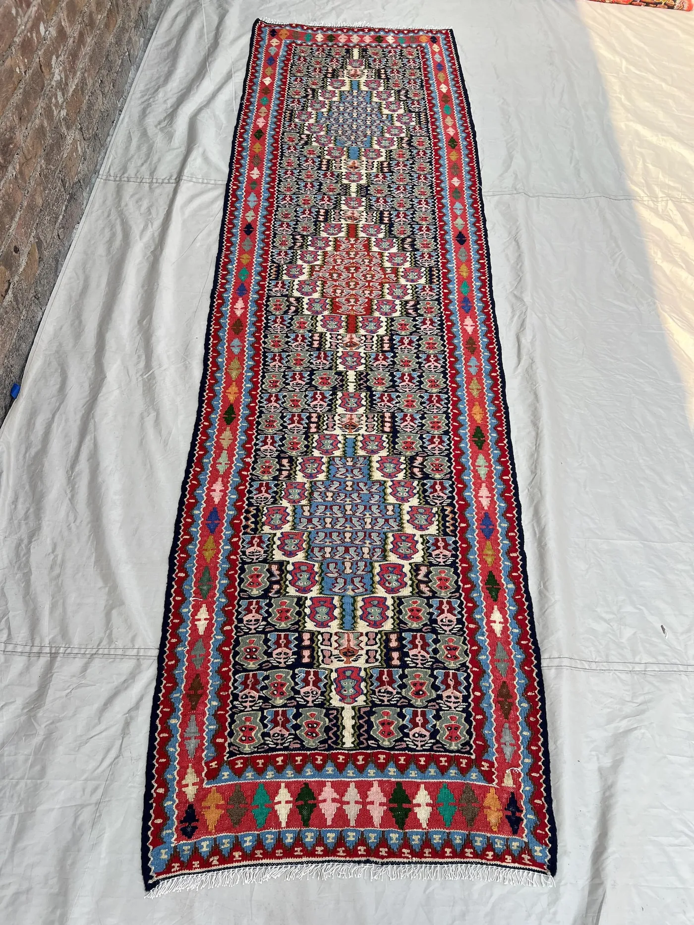 Vintage Afghan Baluchi Kilim, 2'7x9'1 ft, Handwoven Flatweave, Tribal Wool Design, Colorful Geometric Patterns Hallway Entryway