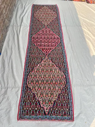 2'6x9'6 ft Vintage Afghan Balochi Handwoven Kilim Flatweave Rug, Geometric Patterns, Runner Rug Hallway Entryw
