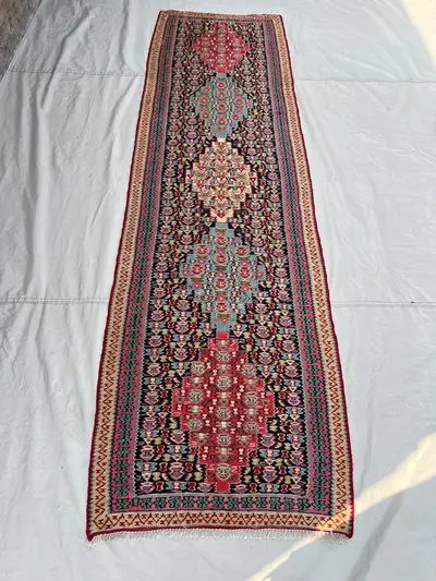 2'9x9'7 Ft Vintage Afghan Kilim Runner Handwoven Wool Flatweave All-Over Boteh Navy Red Multicolor | Hallway E