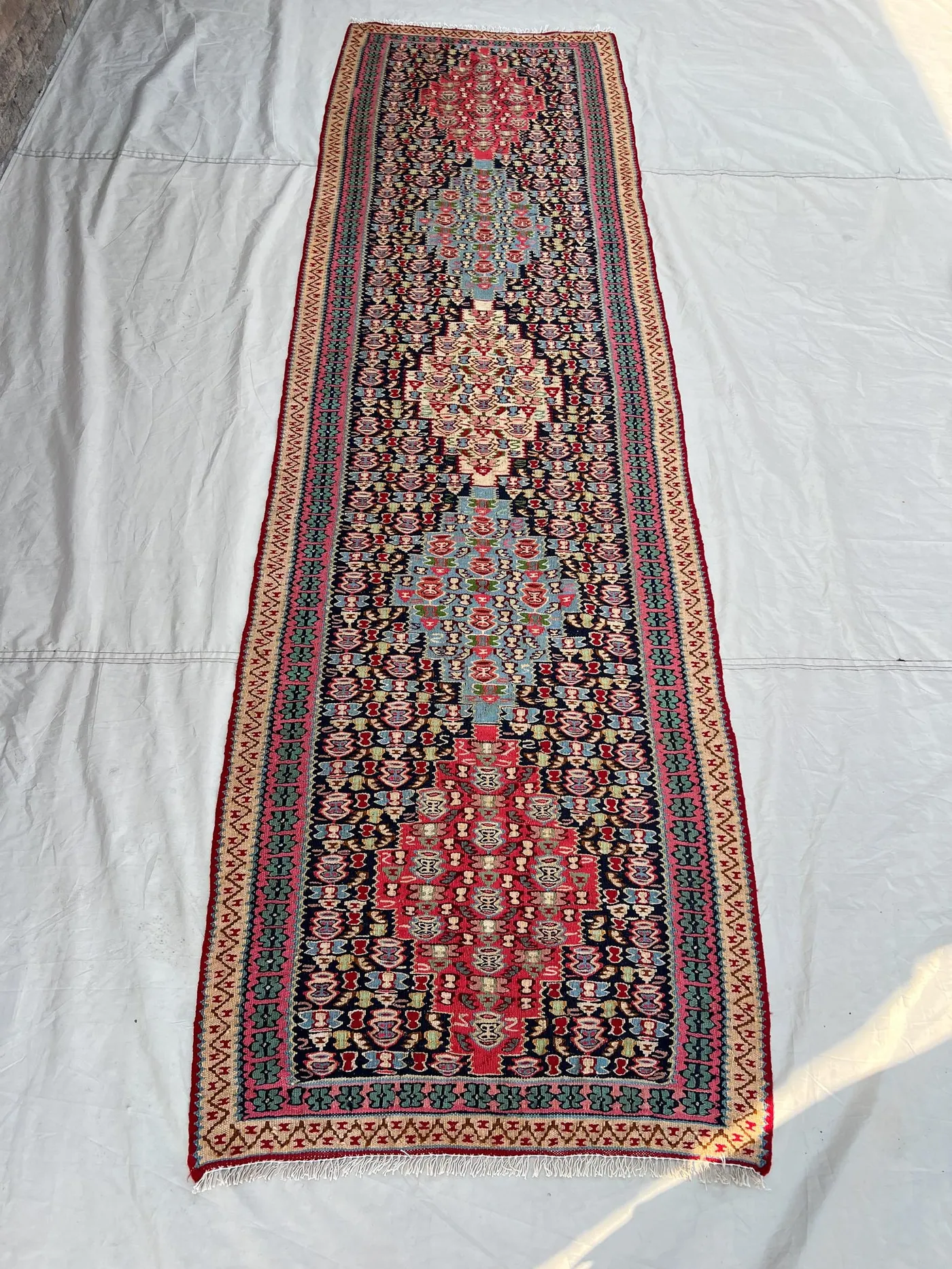 2'9x9'7 Ft Vintage Afghan Kilim Runner Handwoven Wool Flatweave All-Over Boteh Navy Red Multicolor | Hallway Entryway Kitchen Runner Decor