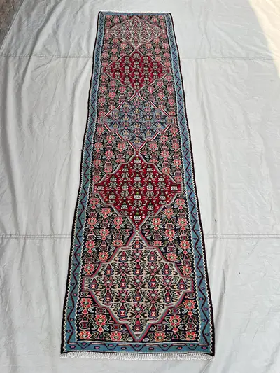 2'3x8'6 Ft Vintage Afghan Senneh Kilim Runner Flatweave | Blue Red Floral Medallion | Handwoven Wool Rug for H