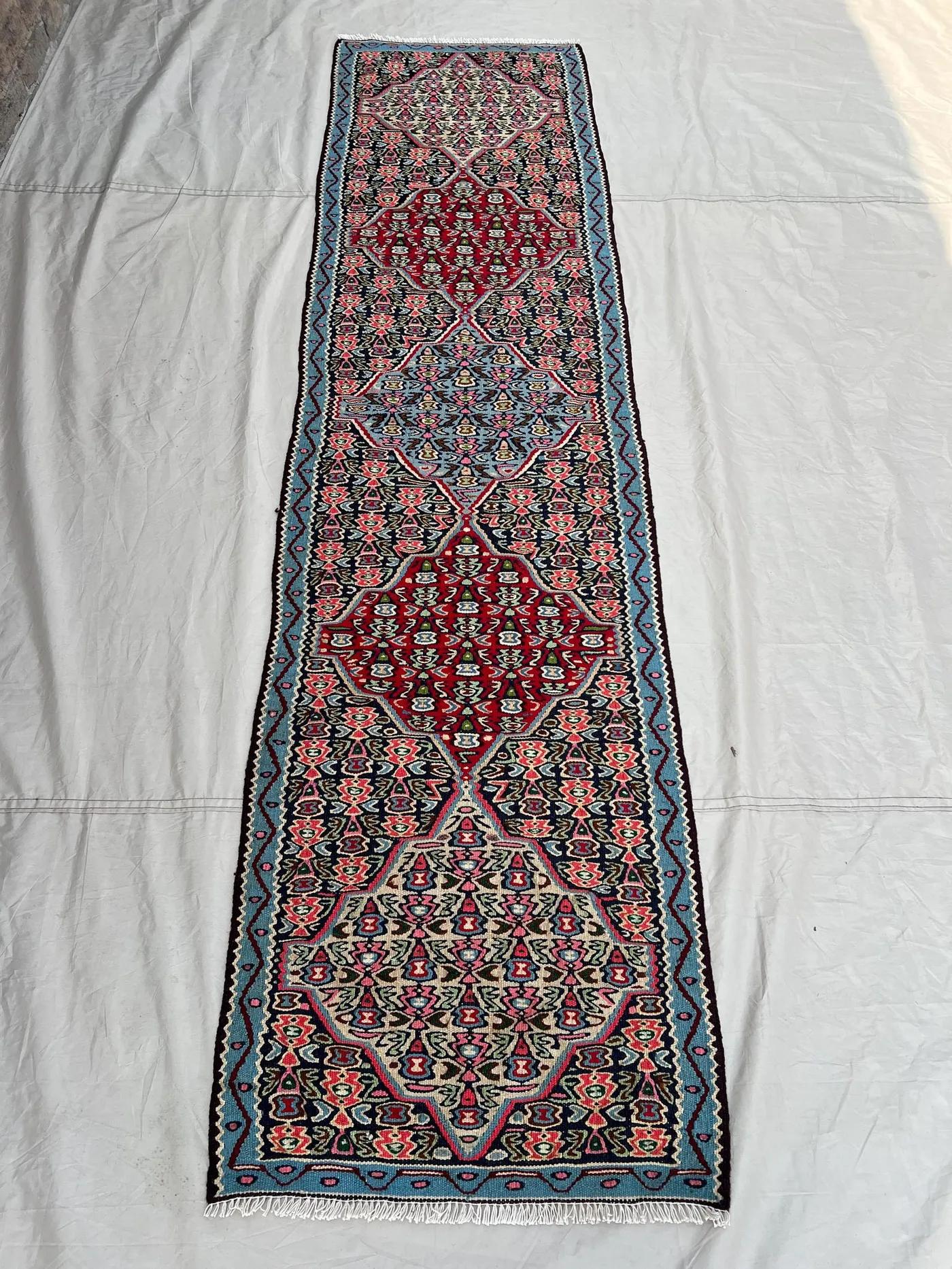 2'3x8'6 Ft Vintage Afghan Senneh Kilim Runner Flatweave | Blue Red Floral Medallion | Handwoven Wool Rug for Hallway Kitchen Entryway
