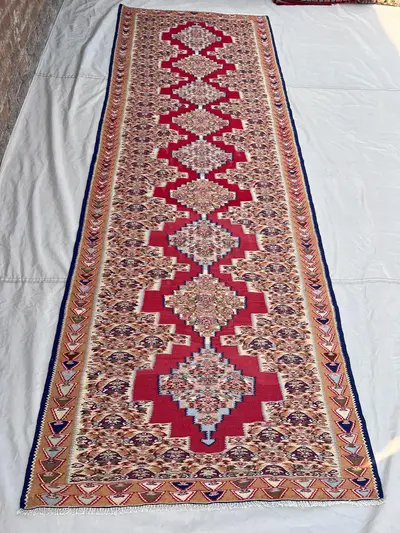 3'10x10'6 Vintage Afghan Kilim Handwoven Wool Flatweave Repeating Floral Diamond Medallion Red Camel Gold Long
