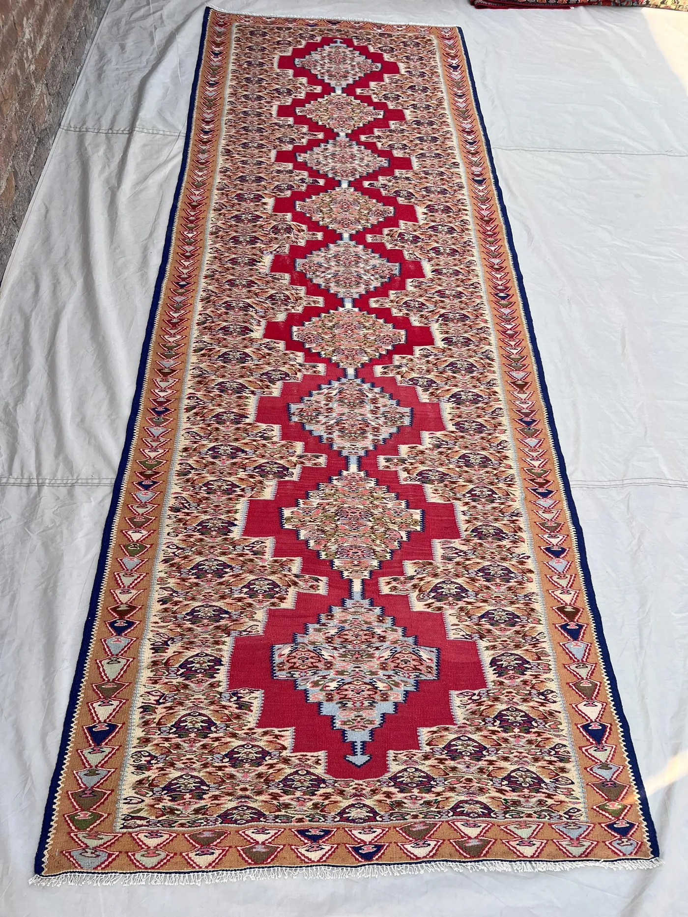 3'10x10'6 Vintage Afghan Kilim Handwoven Wool Flatweave Repeating Floral Diamond Medallion Red Camel Gold Long Runner | Hallway Living Room