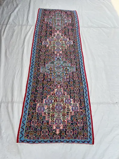 2'8x8'1 Vintage Afghan Tribal Runner Handwoven Wool Flatweave All-Over Boteh Navy Pink Multicolor | Hallway En