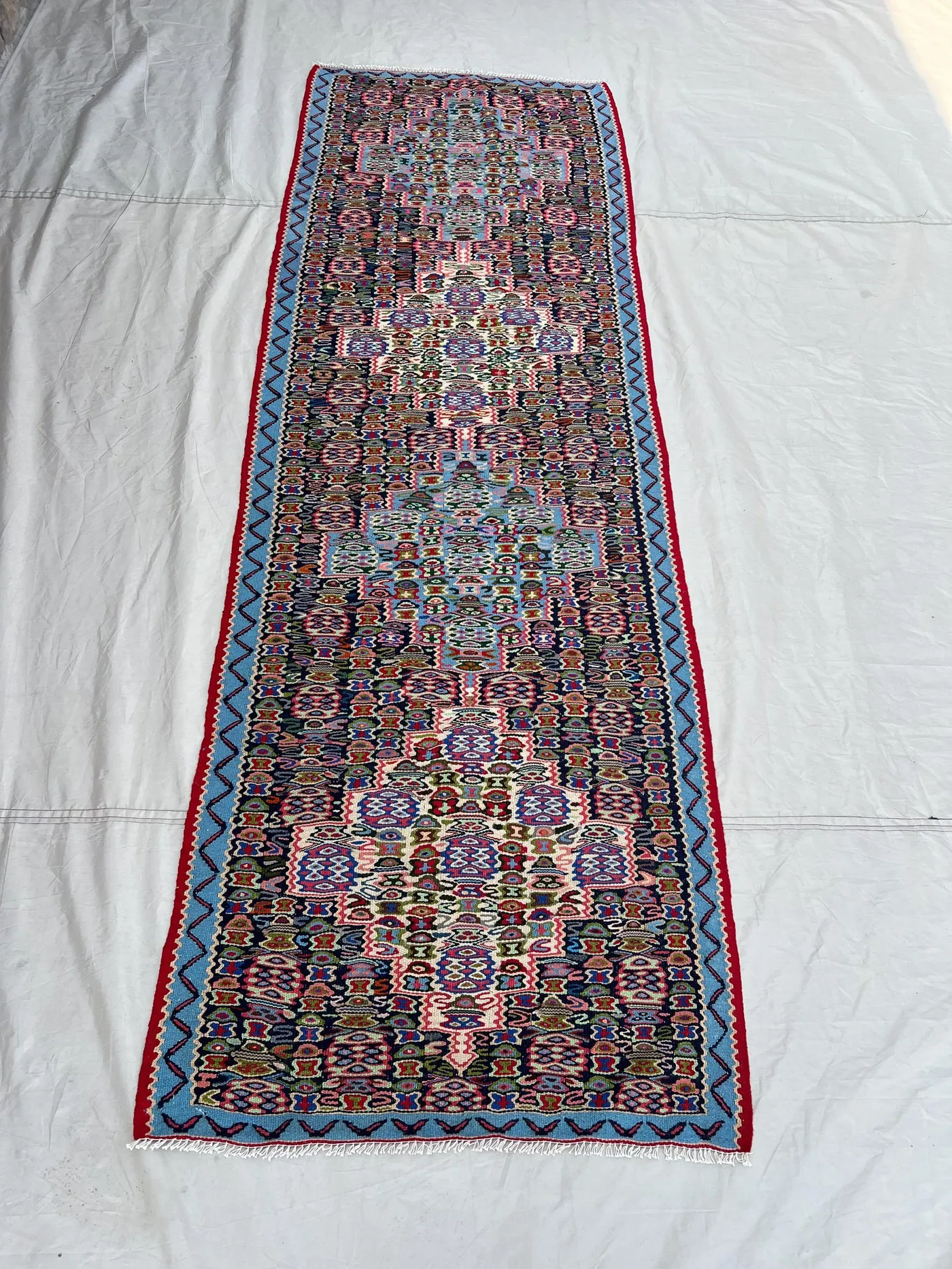 2'8x8'1 Vintage Afghan Tribal Runner Handwoven Wool Flatweave All-Over Boteh Navy Pink Multicolor | Hallway Entryway Kitchen Runner Decor