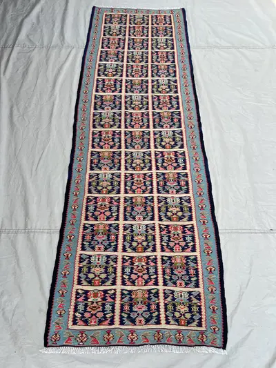 2'8x8'1 Vintage Afghan Kilim Runner Handwoven Wool Flatweave Grid Floral Navy Blue Pink Multicolor | Hallway E