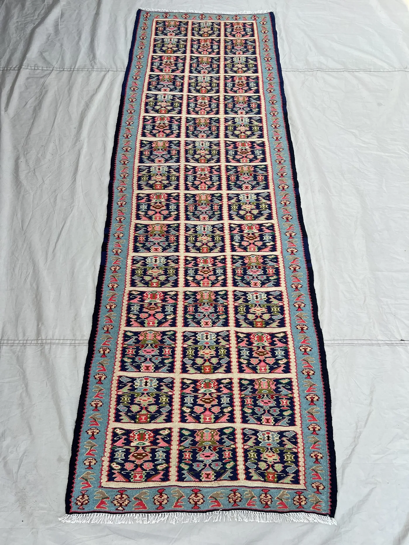 2'8x8'1 Vintage Afghan Kilim Runner Handwoven Wool Flatweave Grid Floral Navy Blue Pink Multicolor | Hallway Entryway Kitchen Runner Decor