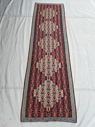 2'2x7'1 Vintage Afghan Tribal Runner Handwoven Wool Flatweave Diamond Medallion Pink Black Multicolor  Hallway