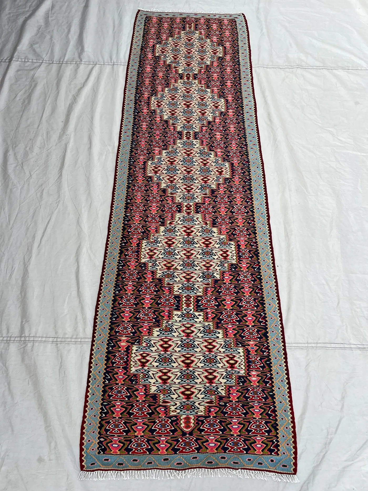 2'2x7'1 Vintage Afghan Tribal Runner Handwoven Wool Flatweave Diamond Medallion Pink Black Multicolor  Hallway Entryway Kitchen Runner Decor