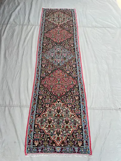 2'2x8'1 Vintage Afghan Kilim Runner Handwoven Wool Flatweave Diamond Medallion Pink Black Multicolor | Hallway
