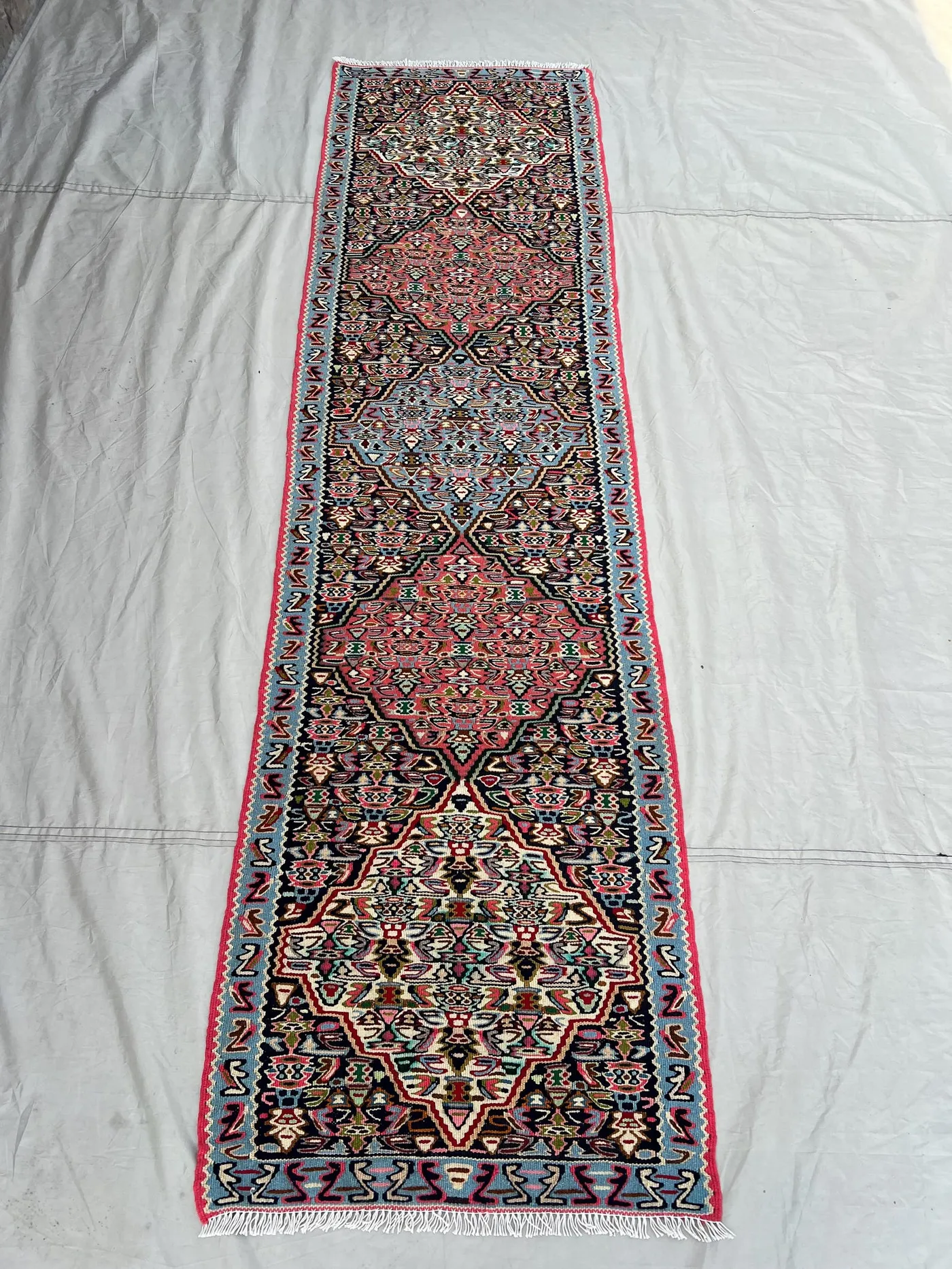 2'2x8'1 Vintage Afghan Kilim Runner Handwoven Wool Flatweave Diamond Medallion Pink Black Multicolor | Hallway Entryway Kitchen Runner Decor