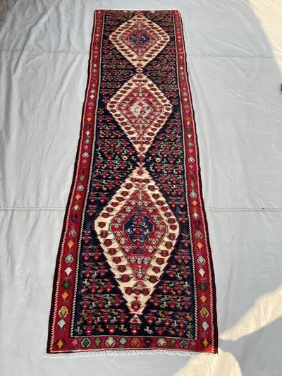 2'8x8'6 Vintage Afghan Senneh Kilim Runner Flatweave | Navy Red Ivory Triple Medallion | Handwoven Wool Rug fo