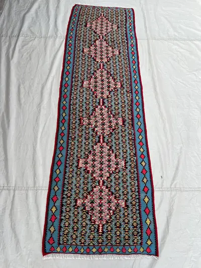 2'4x7'8 Ft Vintage Afghan Senneh Kilim Runner Flatweave | Navy Sky Blue Pink Medallion Chain | Handwoven Wool 