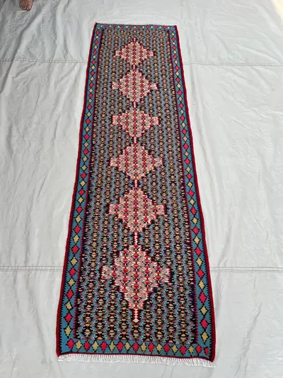 2'3x7'6 Ft Vintage Afghan Senneh Kilim Runner Flatweave | Navy Sky Blue Pink Medallion Chain | Handwoven Wool 