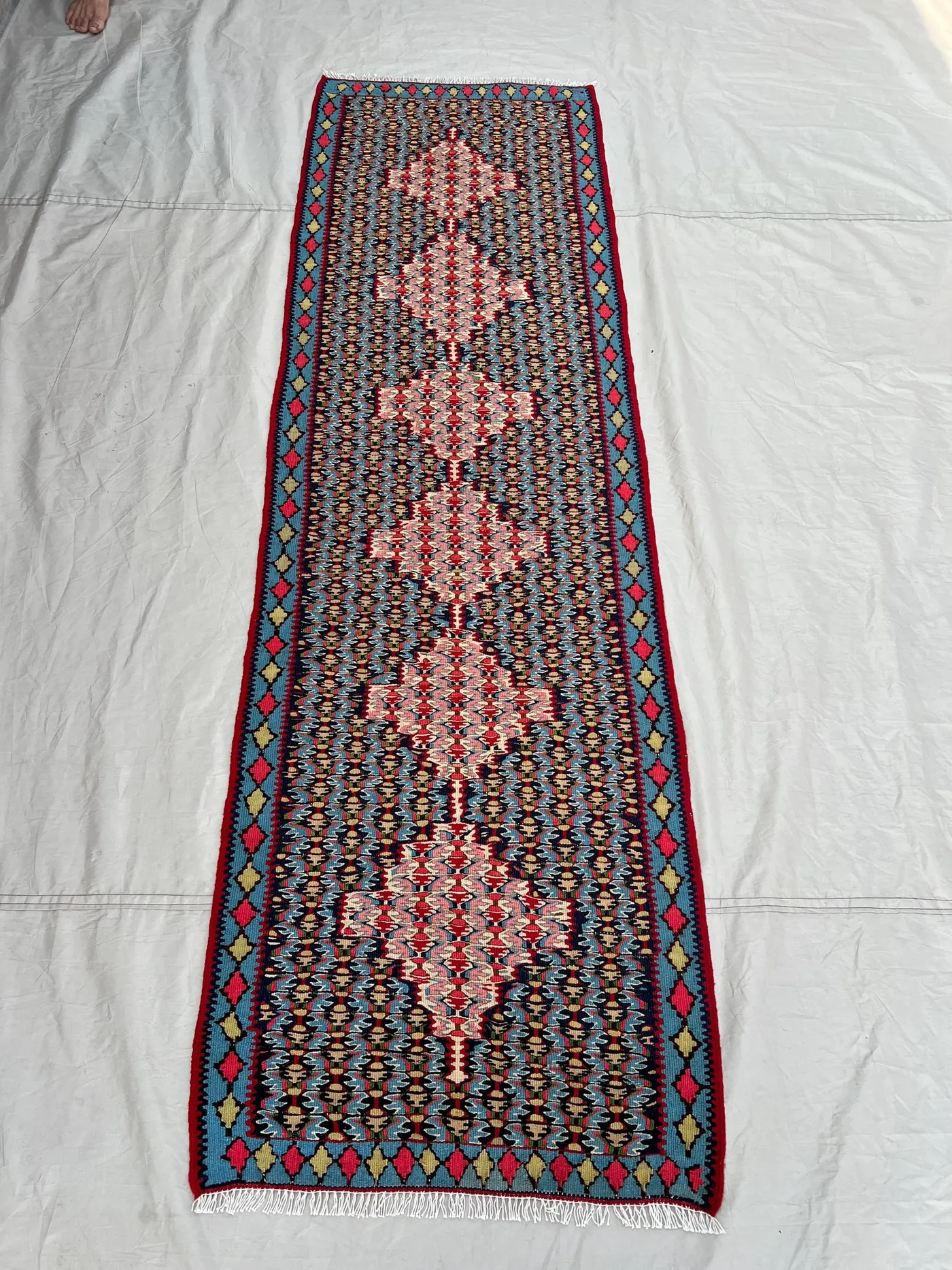 2'3x7'6 Ft Vintage Afghan Senneh Kilim Runner Flatweave | Navy Sky Blue Pink Medallion Chain | Handwoven Wool Rug Hallway Kitchen Entryway