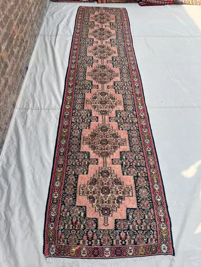3x11'9 Vintage Afghan Kilim Handwoven Wool Flatweave Repeating Diamond Medallion Blush Pink Navy Multicolor Lo