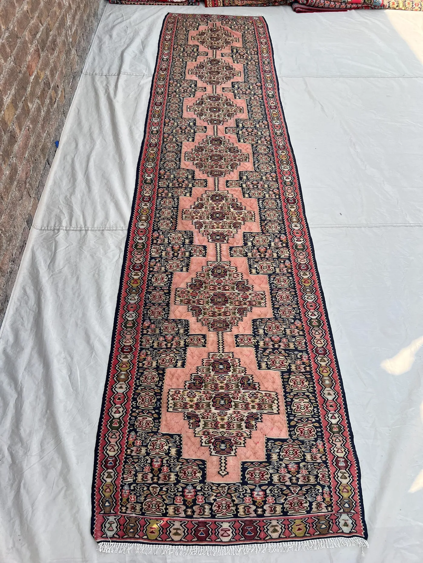 3x11'9 Vintage Afghan Kilim Handwoven Wool Flatweave Repeating Diamond Medallion Blush Pink Navy Multicolor Long Runner | Hallway Entryway
