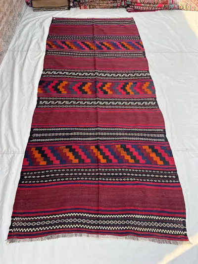 4'2x9'8 Vintage Afghan Kilim Handwoven Wool Flatweave Stripe Chevron Arrow Band Deep Burgundy Orange Navy Mult