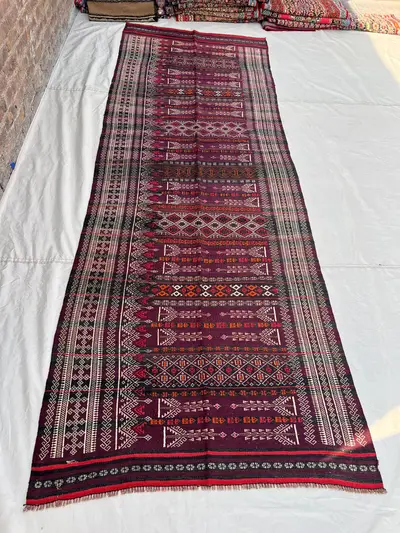 3'9x11'4 Antique Afghan Kilim Handwoven Wool Flatweave All-Over Embroidered Stripe Diamond Arrow Deep Purple I