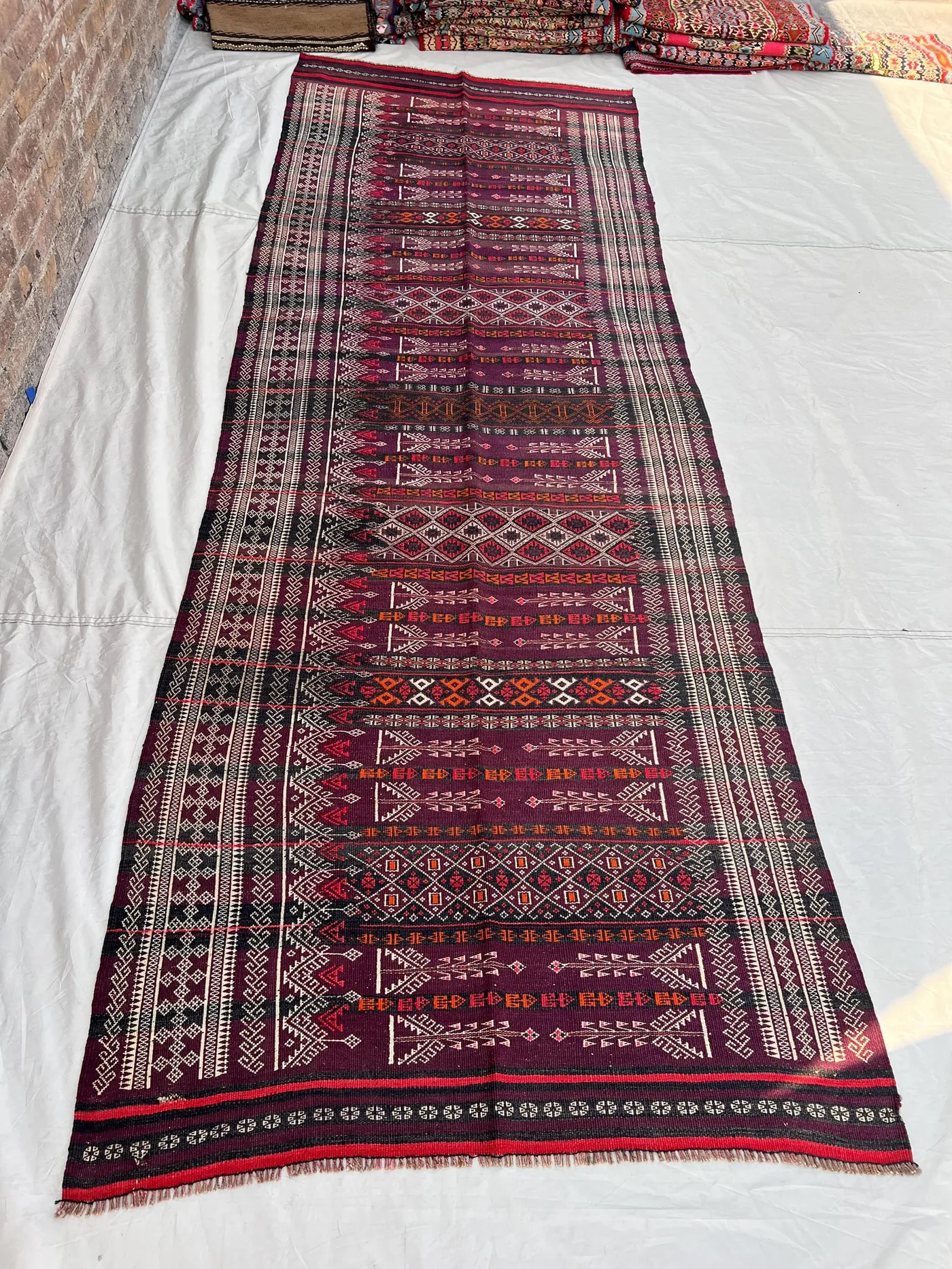 3'9x11'4 Antique Afghan Kilim Handwoven Wool Flatweave All-Over Embroidered Stripe Diamond Arrow Deep Purple Ivory Orange Extra Long Runner