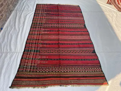 4'7x8'4 Antique Afghan Kilim Handwoven Wool Flatweave All-Over Embroidered Stripe Diamond Deep Red Dark Green 