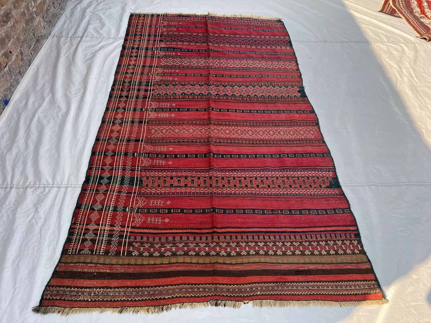 4'7x8'4 Antique Afghan Kilim Handwoven Wool Flatweave All-Over Embroidered Stripe Diamond Deep Red Dark Green Ivory Area Rug | Living Room
