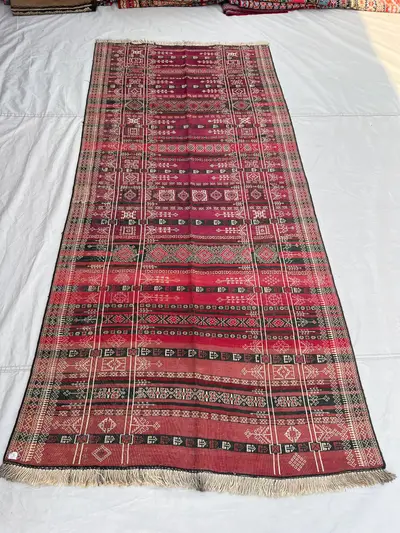 3'11x8'4 Ft Antique Afghan Kilim Handwoven Wool Flatweave All-Over Embroidered Stripe Diamond Arrow Crimson Da