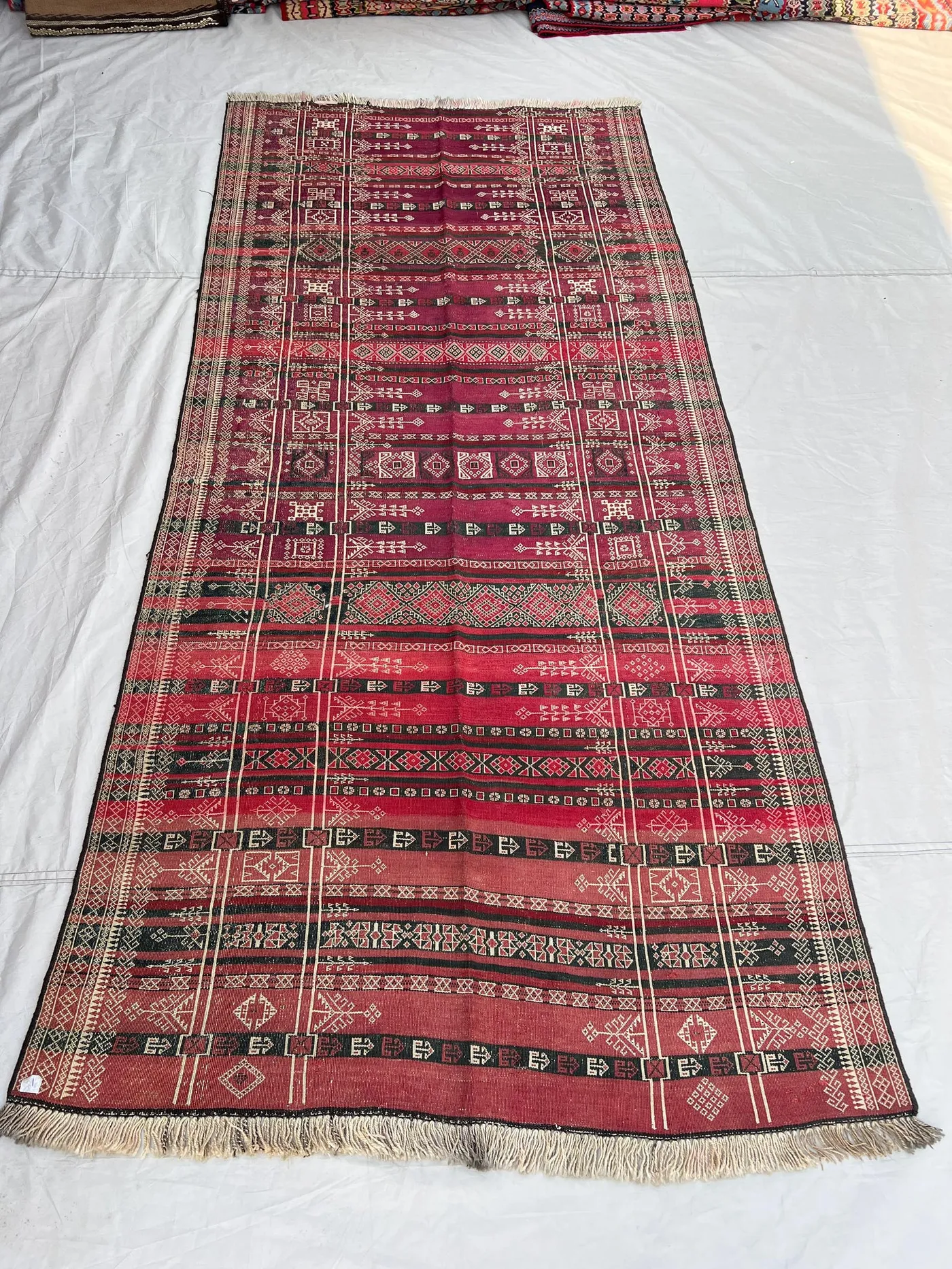 3'11x8'4 Ft Antique Afghan Kilim Handwoven Wool Flatweave All-Over Embroidered Stripe Diamond Arrow Crimson Dark Green Ivory Area Rug