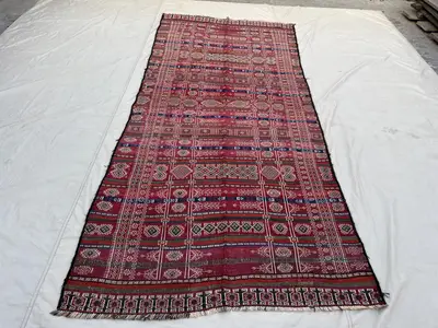 4'11x11'6 ft Vintage Afghan Tribal Kilim | All Over Geometric Diamond Grid Flat Weave | Deep Red Navy Ivory | 