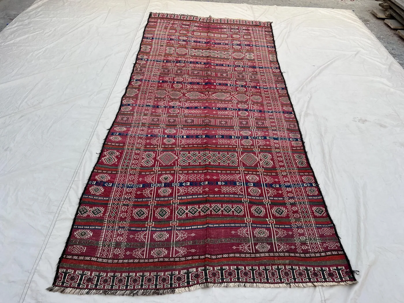 4'11x11'6 ft Vintage Afghan Tribal Kilim | All Over Geometric Diamond Grid Flat Weave | Deep Red Navy Ivory | Boho Hall Runner Kilim