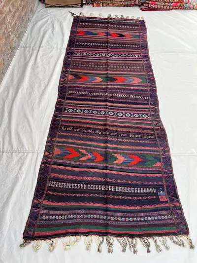 3'5x9'6 Vintage Afghan Kilim Handwoven Wool Flatweave Chevron Arrow Stripe Dark Purple Pink Red Green Long Run